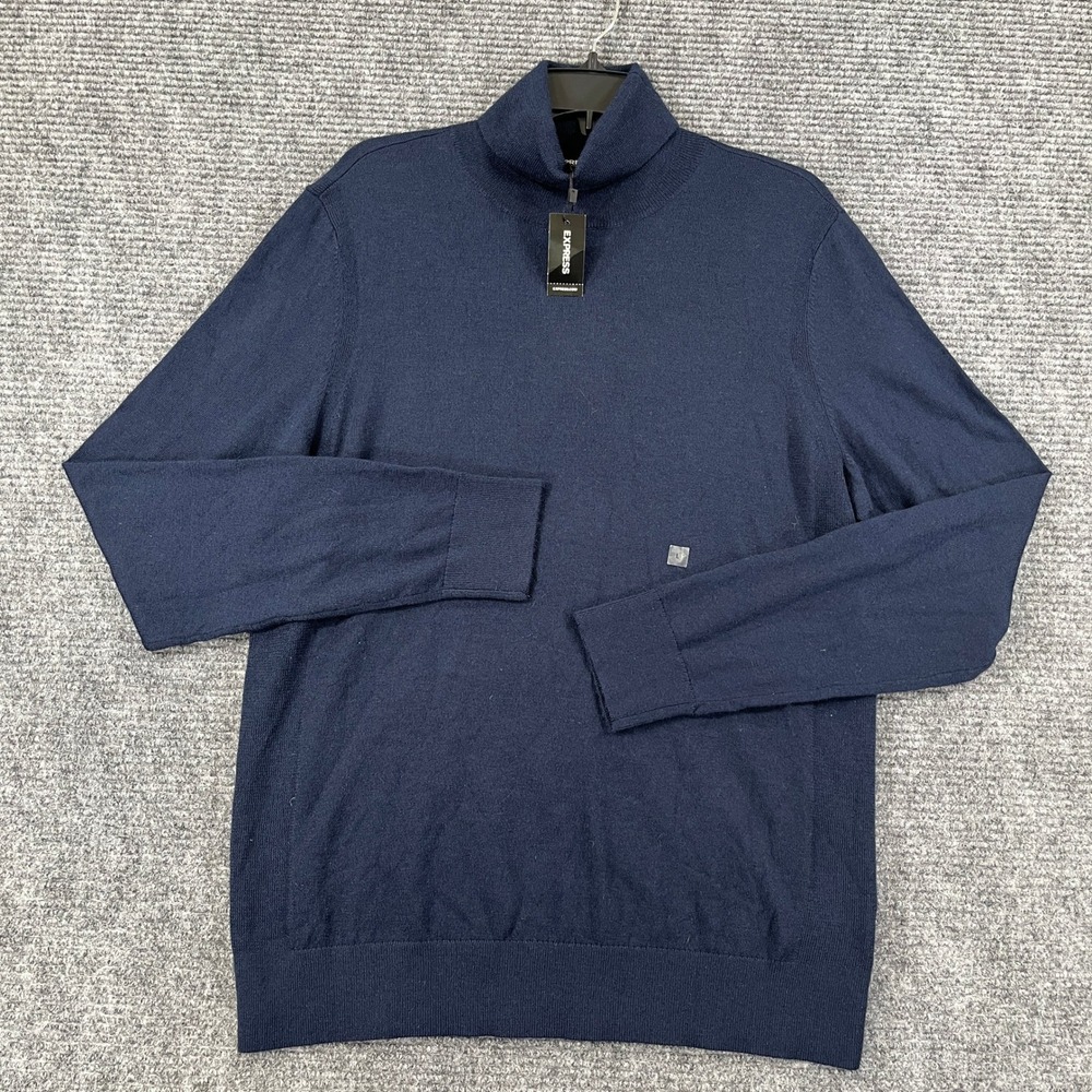 Express Merino Wool Blend Turtleneck Sweater Mens L Navy Blue Knit Casual Wear - Picture 6 of 12